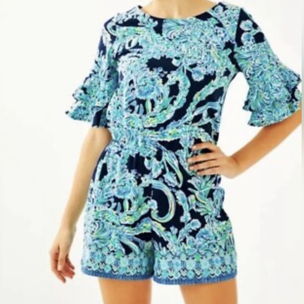 Lilly Pulitzer Lula Romper High Tide Navy Scuba Doo Engineered Romper Size SMALL - Picture 1 of 15